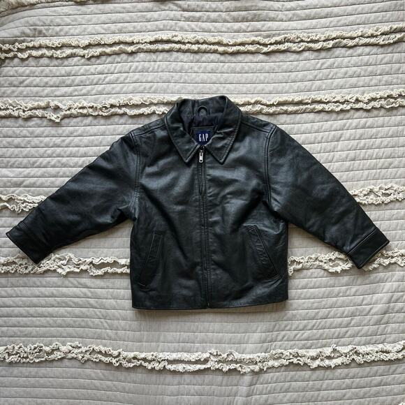 GAP Vintage Genuine Leather Black Bomber Jacket Kid's Size XS/4 - Picture 1 of 5